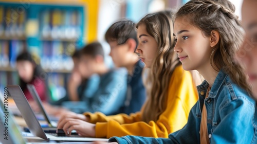 High school students engage in e-learning using computers in the classroom, studying over laptops as part of their class at school.