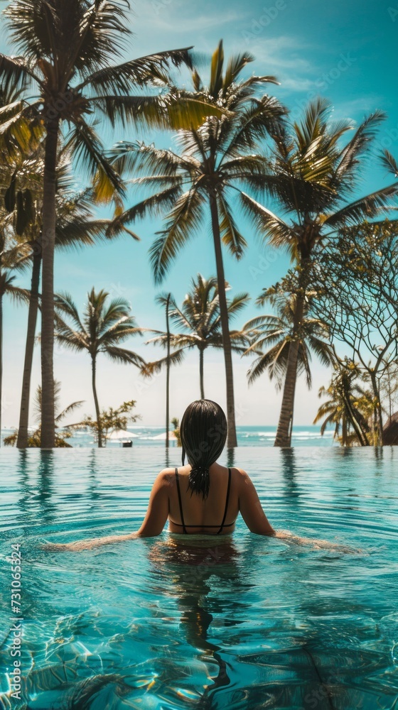 A serene Hispanic woman enjoys sunbathing at a tropical resort with an infinite pool, set against a backdrop of palm trees on Lombok island, reflecting the laid-back lifestyle of people in Indonesia. A serene Hispanic woman enjoys sunbathing at a tropical resort with an infinite pool, set against a backdrop of palm trees on Lombok island, reflecting the laid-back lifestyle of people in Indonesia.
