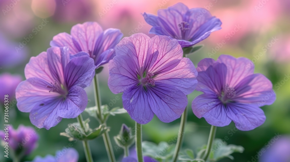 a close up of a bunch of flowers with a blurry background of pink and purple flowers in the foreground.