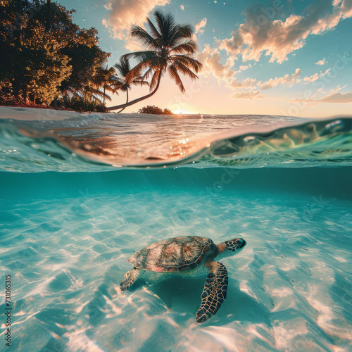 Half underwater view clear sea and sand beach with palm trees. Underwater inhabitants, turtles and fishes. © serperm73