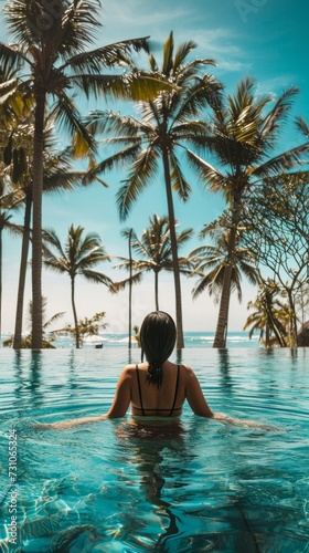 A serene Hispanic woman enjoys sunbathing at a tropical resort with an infinite pool, set against a backdrop of palm trees on Lombok island, reflecting the laid-back lifestyle of people in Indonesia. © vadymstock