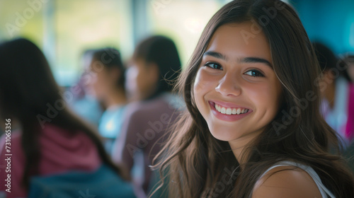 hispanic latina female student, young adult woman or teenage girl, attractive slim, youthful appearance, young, university or school, education and fun and joy, good student, fictional location