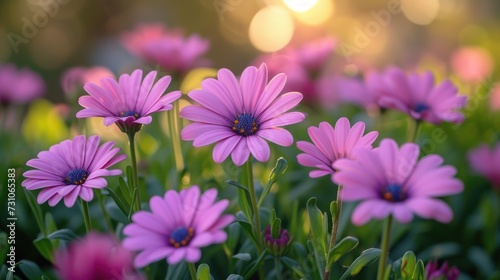 a field full of pink flowers with the sun shining through the trees in the backgrounnd of the picture.