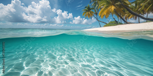 Half underwater view clear sea and sand beach with palm trees. photo