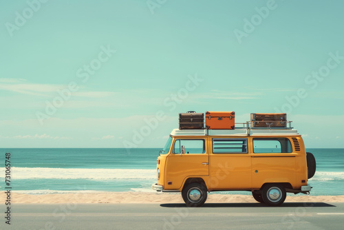 Vintage retro minibus van on a deserted beach. A pile of suitcases on the roof of a motorhome.