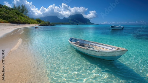 a boat sitting on top of a sandy beach next to a body of water with a mountain in the background.