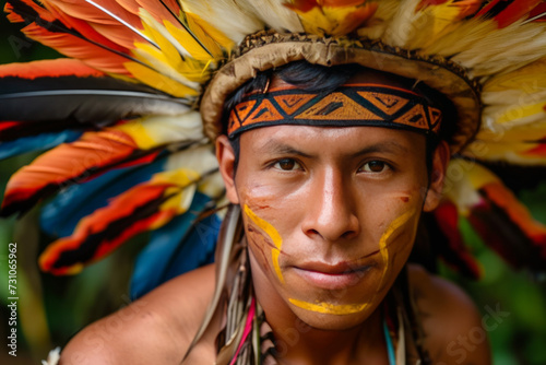 Portrait of an indigenous Amazonian, an aborigine, in traditional coloring and colored feathers. photo