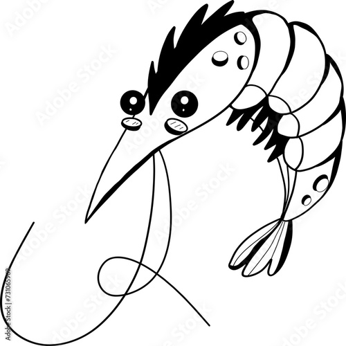 Hand drawn doodle shrimp Black lines in doodle ink style.
