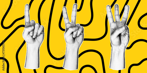 Set of 3 vector elements in retro halftone style on a yellow background. Various hand gesture icons with number of fingers, counting by bending fingers. Pop art paper cut elements.