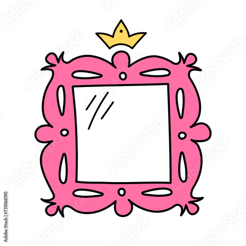 Elegant square vector frame with crown isolated on white background. Pink mirror for little princess, beautiful decorative border, hand drawn, doodle illustration. © Polinmr