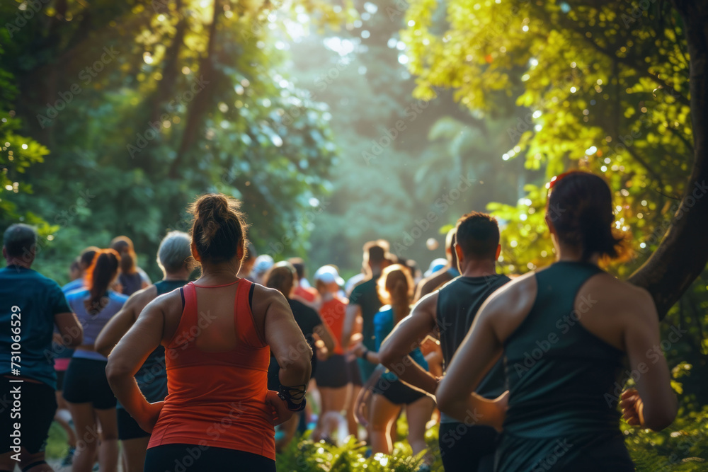 Diverse group of people exercising in a park with sunlight filtering through the trees. Soft focus.