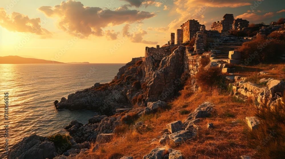 Immerse in the serene beauty of coastal landscape at sunset, portraying ancient ruins against the backdrop of the Sea