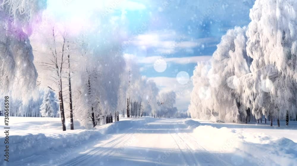 A long winter journey scene at sunset, animated virtual repeating seamless 4k	
