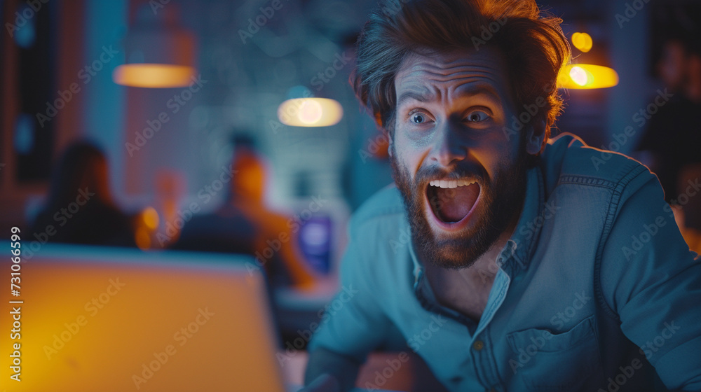 working on laptop computer in a cafe or restaurant, extremely happy and positively surprised, good news in stream or video call or group chat or remote job working on laptop computer in a cafe or restaurant, extremely happy and positively surprised, good news in stream or video call or group chat or remote job