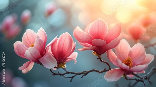a group of pink flowers sitting on top of a tree branch in front of a blurry background of leaves.