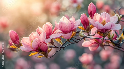 pink flowers blooming on a tree branch in front of a blurry background of green leaves and pink flowers.
