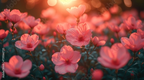 a field full of pink flowers with the sun shining through the trees in the background and a lens flare in the foreground.