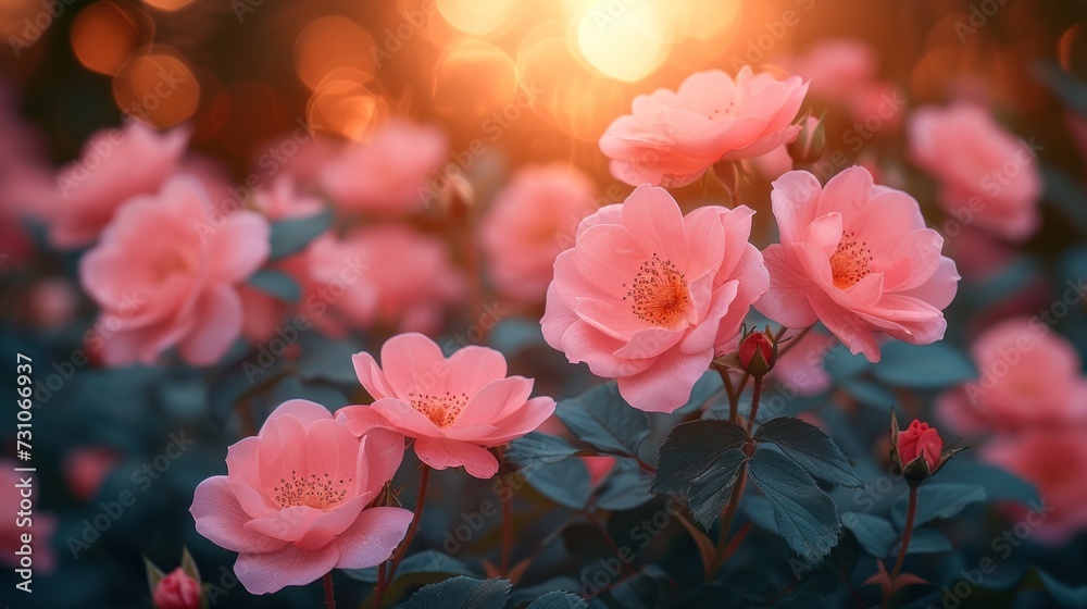a bunch of pink flowers that are blooming in a field of green leaves with the sun shining in the background.