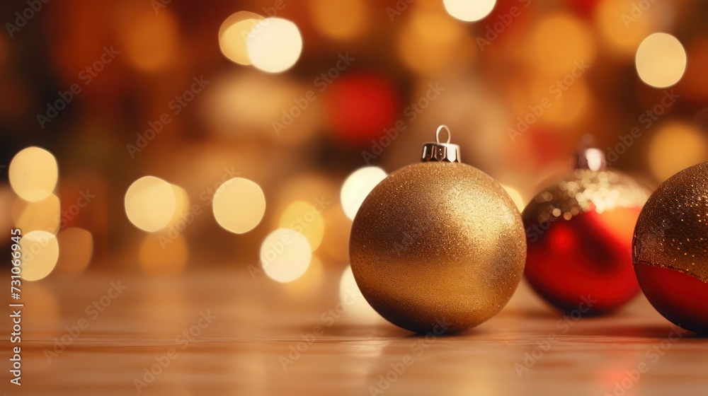 Beautiful gold and red Christmas balls on warm tone of bokeh background, close-up, copy space, selective focus. Beautiful gold and red Christmas balls on warm tone of bokeh background, close-up, copy space, selective focus.