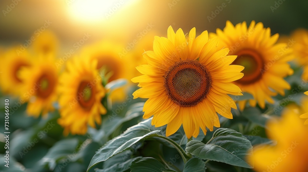 a large field of sunflowers with the sun shining through the center of the picture and the leaves in the foreground.