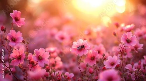 a field of pink flowers with the sun shining in the background and a bee in the middle of the field. © Nadia