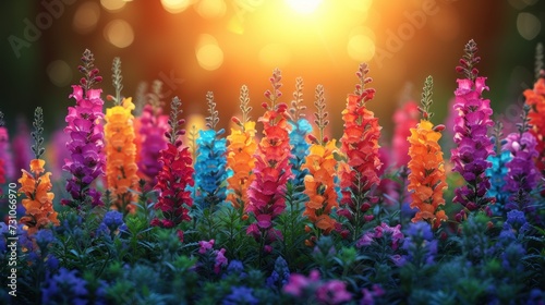 a field full of colorful flowers with the sun shining through the trees in the backgroud of the photo.