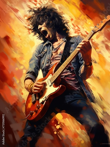 Expressive long-haired rock star guy playing guitar on the stage on flaming background, close-up, vertical image.