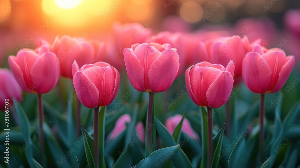 a field of pink tulips with the sun setting in the backgrounnd of the field in the background.