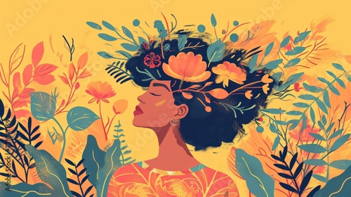 An illustration portrays a woman exuding positive mental health, capturing elements of resilience, confidence, and inner strength through artistry.