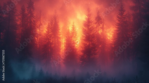 a forest filled with lots of tall trees covered in red and yellow fire and smoke coming out of the top of the trees.