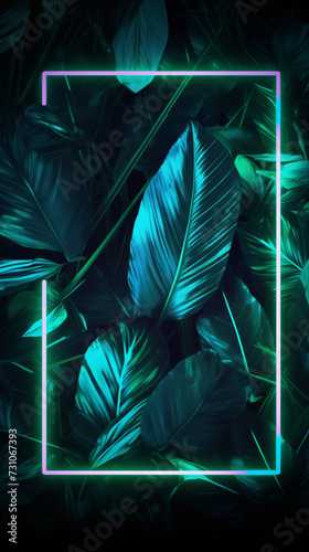 ropical leaves artfully framed with neon accents, creating a captivating and vibrant background designed specifically for cellphones or mobile phones. photo