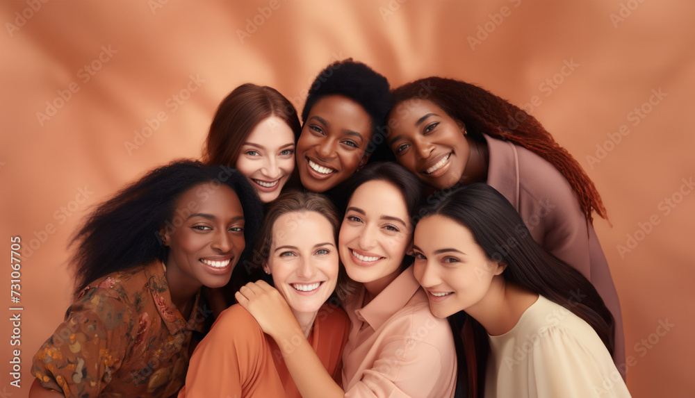Obraz premium Group of multirasion woman hugging, smailing show white teeth. Frendship, supporting, Mental health and empathy. International Woman's day concept.