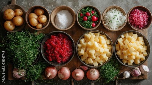 a wooden cutting board topped with bowls filled with different types of food next to potatoes, onions, broccoli and radishes.