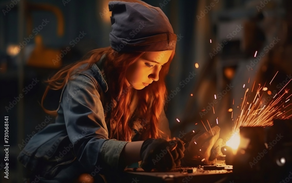 Woman Working on Metal With Grinder Woman Working on Metal With Grinder