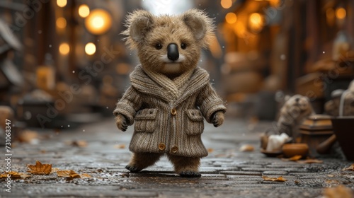a teddy bear dressed in a coat and boots standing on a cobblestone street in front of a building.