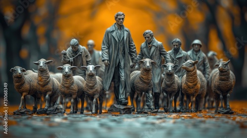 a statue of a man standing next to a herd of sheep in front of a statue of a man surrounded by sheep. photo