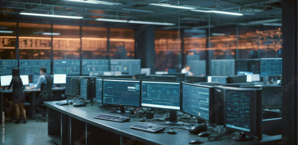 Room with computers and screens, cybersecurity background, control room, data management center Room with computers and screens, cybersecurity background, control room, data management center