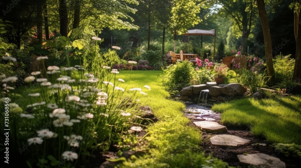 Sunlit Eco-Friendly Garden and Lush Meadows. A serene eco lawn garden bathed in sunlight, with a stone pathway leading through vibrant green meadows and diverse flora.