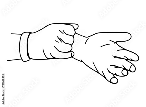 Hands wear rubber gloves. Vector illustration in line art style.