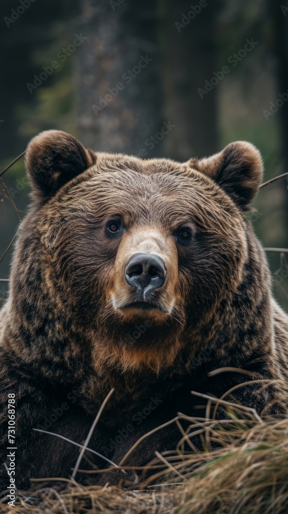 A portrait captures the majestic presence of a large Carpathian brown bear, exemplifying the beauty and strength of this wild animal species. A portrait captures the majestic presence of a large Carpathian brown bear, exemplifying the beauty and strength of this wild animal species.
