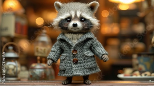 a raccoon dressed in a coat standing on a shelf in front of a store window with lights in the background.