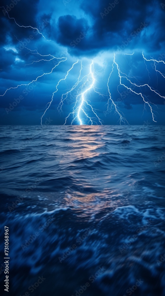 The image depicts lightning flashing over the ocean as a storm passes ...