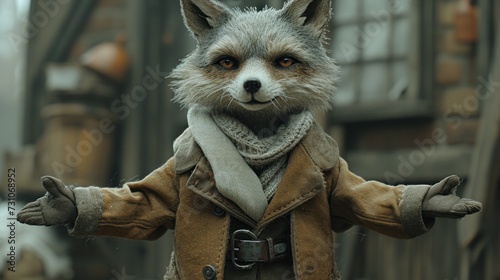 a close up of a statue of a fox wearing a coat and a scarf with his hands in the air.