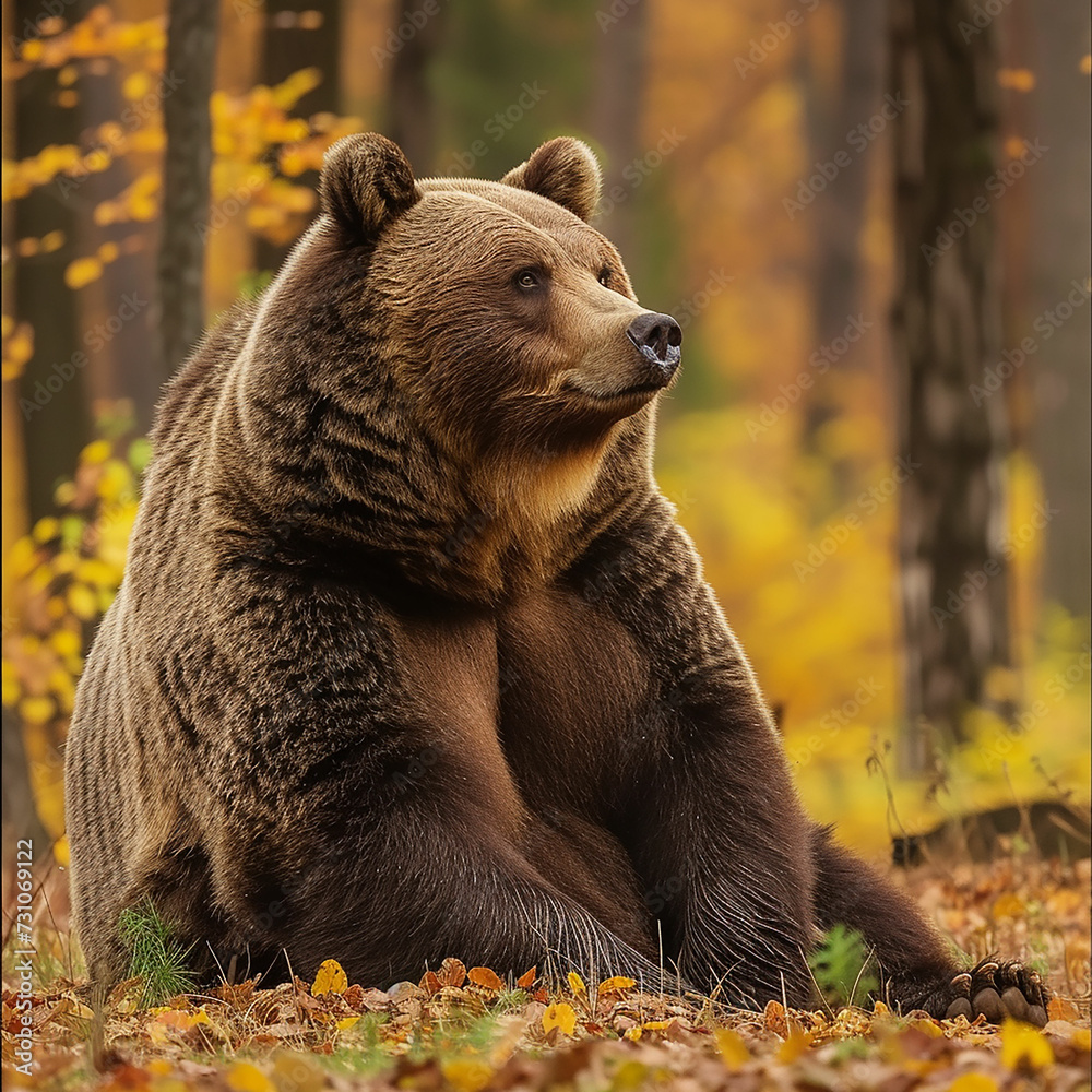 Fototapeta premium A large brown bear resting in an autumn forest. Made with generative ai