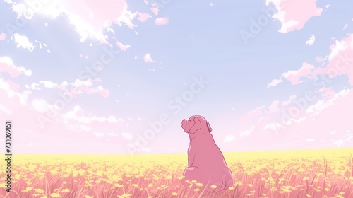 a dog sitting in the middle of a field of flowers looking up at a sky with clouds in the background. photo