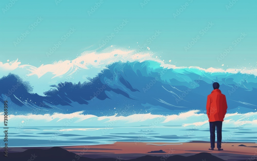 A flat-style side view illustration portrays a person facing a massive ocean tidal wave, capturing the intensity and power of nature's forces.