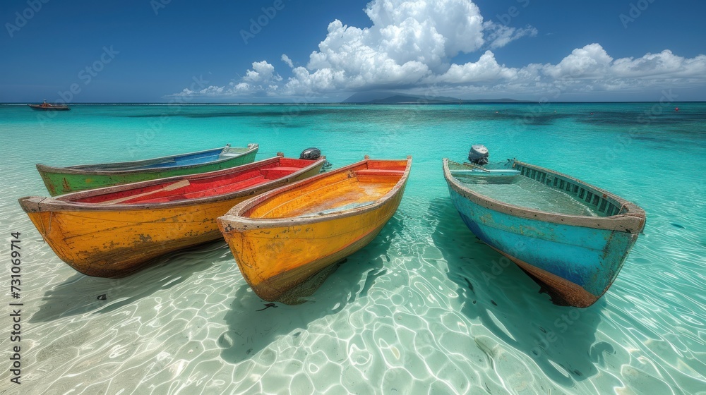 a group of three boats sitting on top of a beach next to a body of water on a sunny day. a group of three boats sitting on top of a beach next to a body of water on a sunny day.