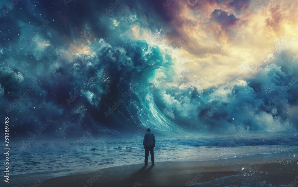 A side view illustration portrays a person facing a massive ocean tidal wave, capturing the intensity and power of nature's forces.