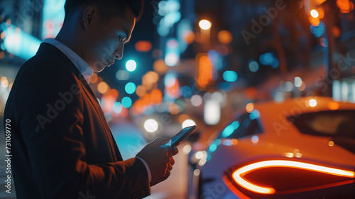 Prosperity and wealth, luxurious sports car and man in suit, Caucasian, at night in the city, busy with cell phone smartphone
