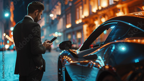 Prosperity and wealth, luxurious sports car and man in suit, Caucasian, at night in the city, busy with cell phone smartphone © wetzkaz